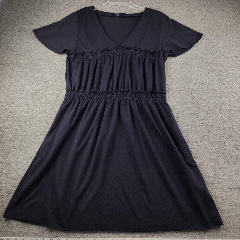 French Connection Dress Sz 12 Smocked V-Neck Ruffle Trim Navy Blue Tiered